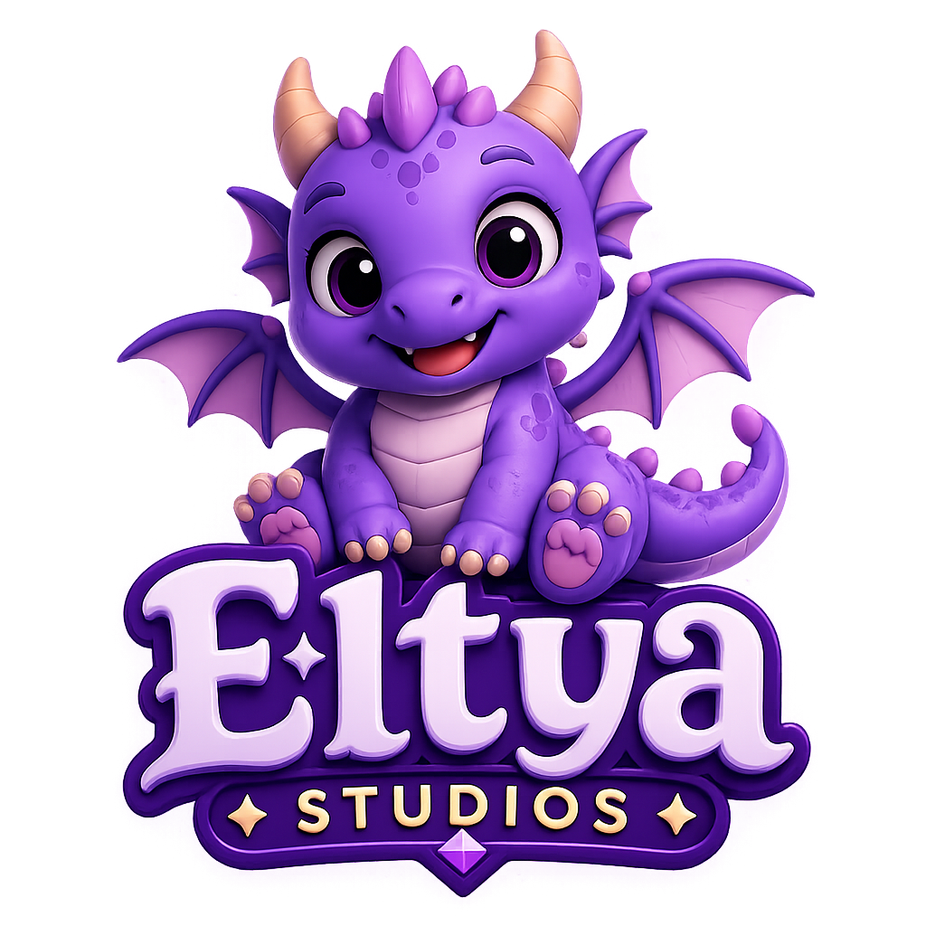 Eltya Studios logo — cute purple dragon mascot